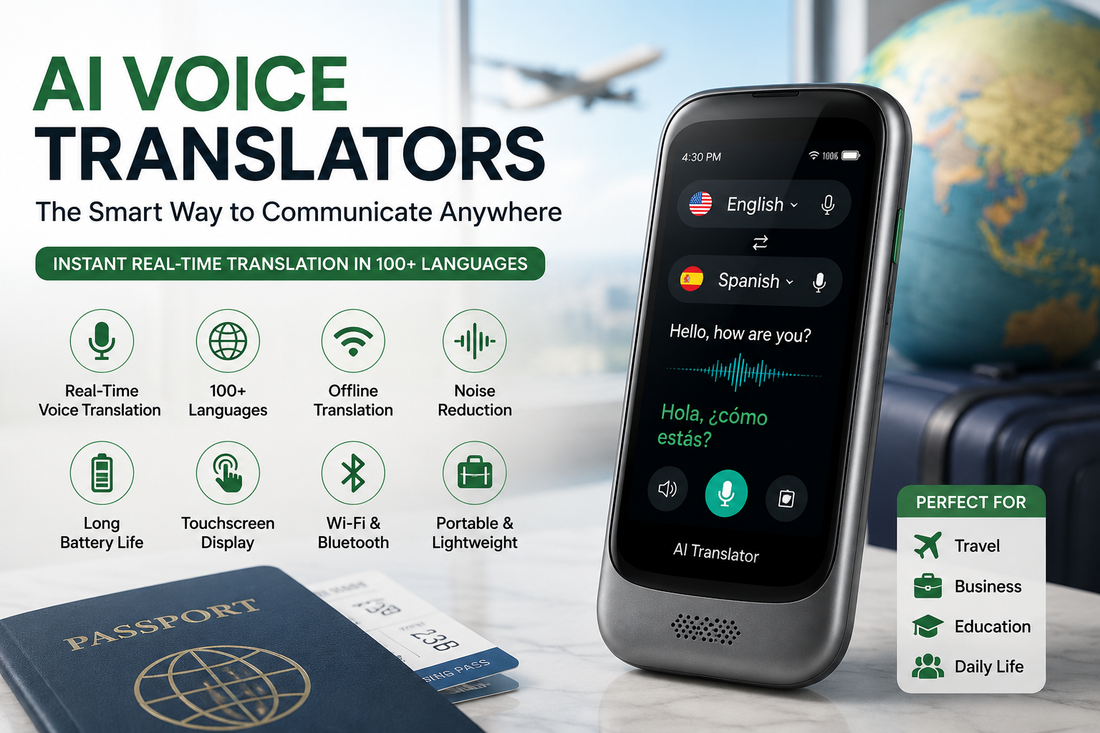 Portable AI voice translator device with real-time language translation for travel, business, and multilingual communication.