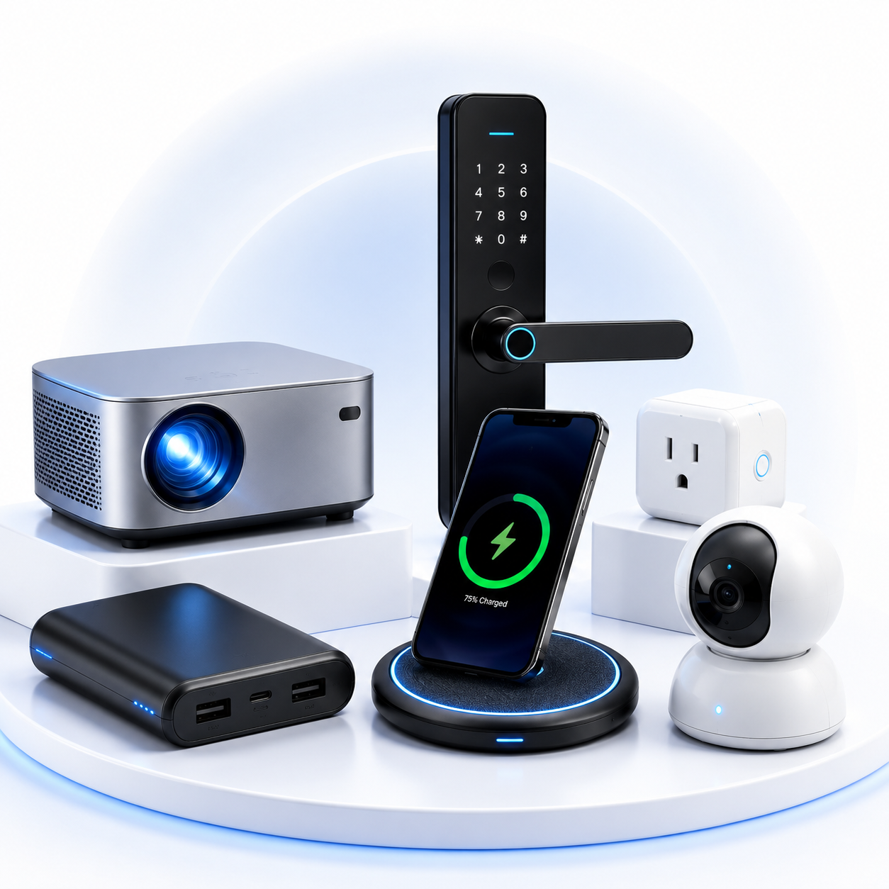 Smart electronics collection featuring smart home devices, wireless chargers, security cameras, portable gadgets, and innovative technology.