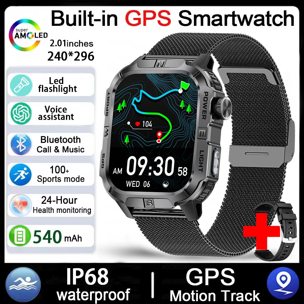 GPS Smartwatch for Men with Bluetooth Calling, LED Flashlight, Compass & IP68 Waterproof