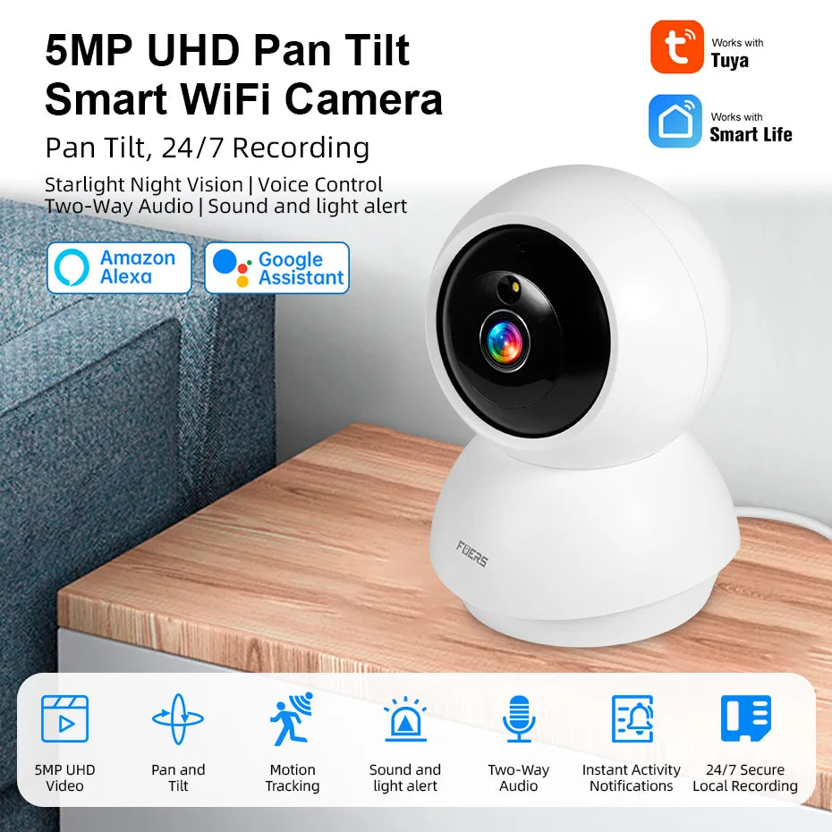 FUERS 5MP WiFi PTZ Security Camera – 360° Pan & Tilt, Auto Tracking, Night Vision & Two-Way Audio