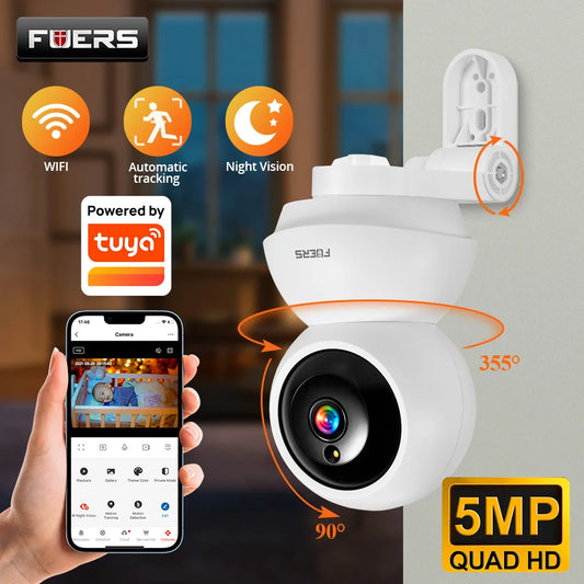 FUERS 5MP WiFi PTZ Security Camera – 360° Pan & Tilt, Auto Tracking, Night Vision & Two-Way Audio