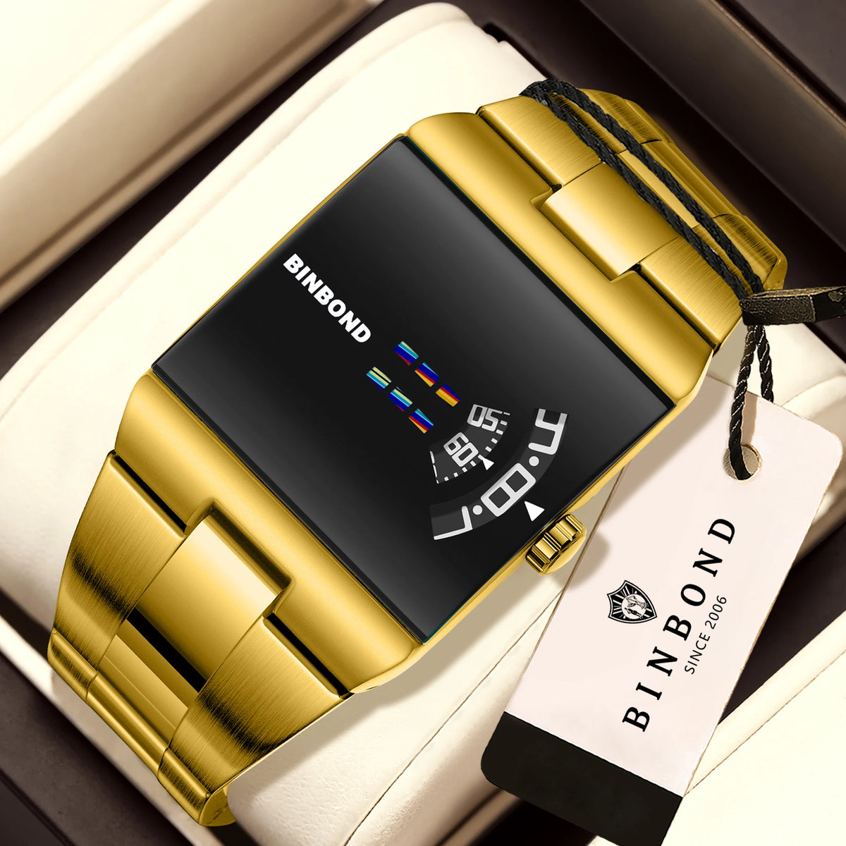 BINBON Luxury Square Quartz Watch – Waterproof Stainless Steel Sport Wristwatch