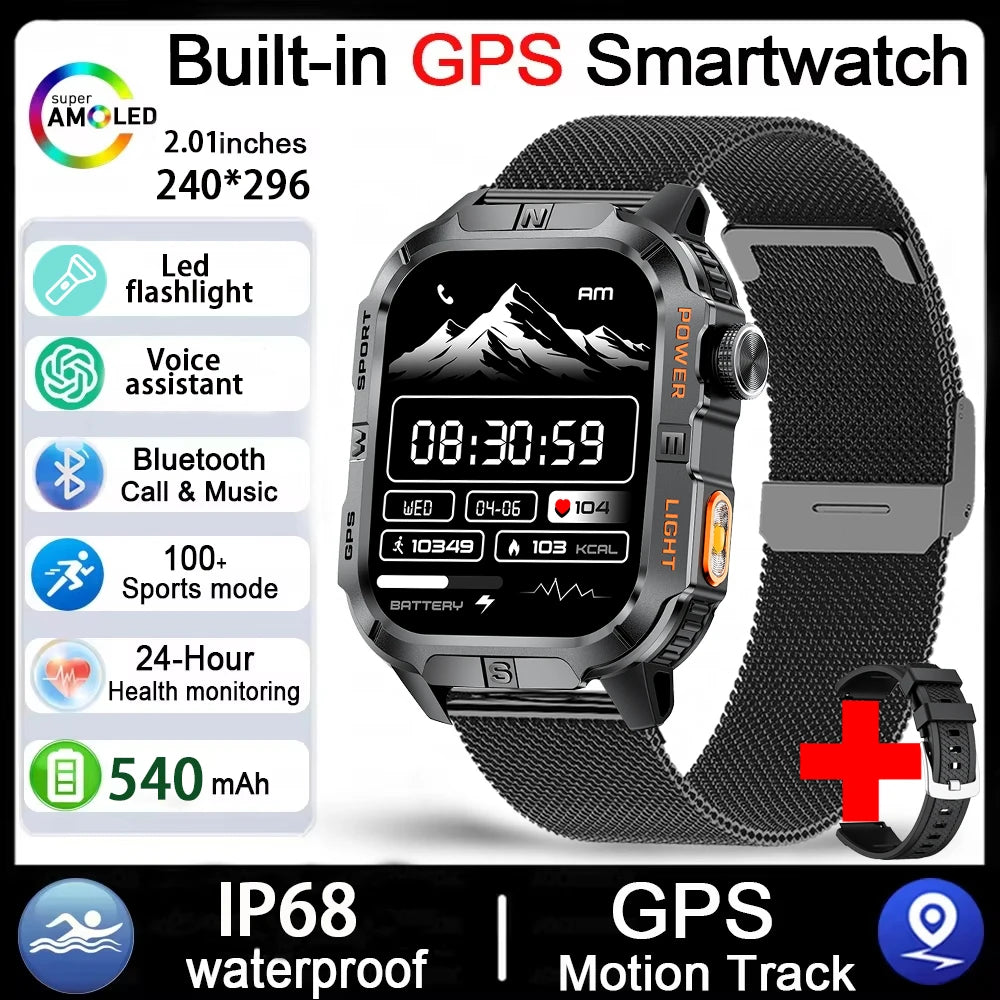 GPS Smartwatch for Men with Bluetooth Calling, LED Flashlight, Compass & IP68 Waterproof