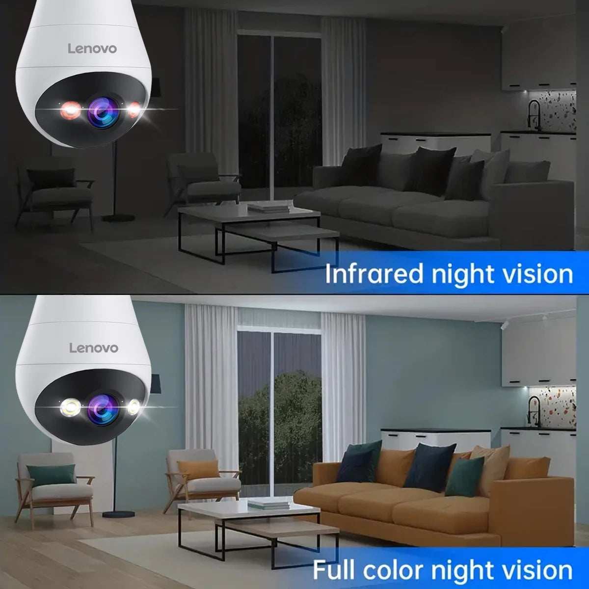 Lenovo 3MP WiFi E27 Bulb Security Camera with Night Vision, Motion Detection & Two-Way Audio