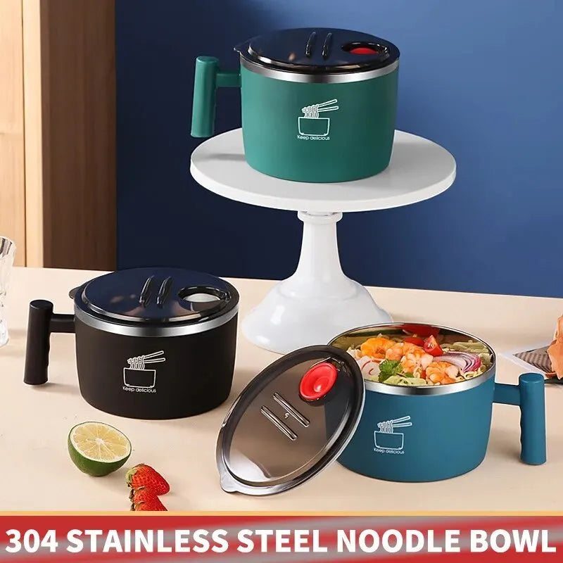 Stainless Steel Bowl with Lid – Portable Noodle & Soup Bowl with Drain Lid Design