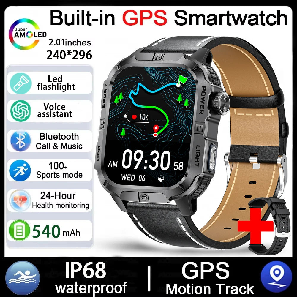 GPS Smartwatch for Men with Bluetooth Calling, LED Flashlight, Compass & IP68 Waterproof
