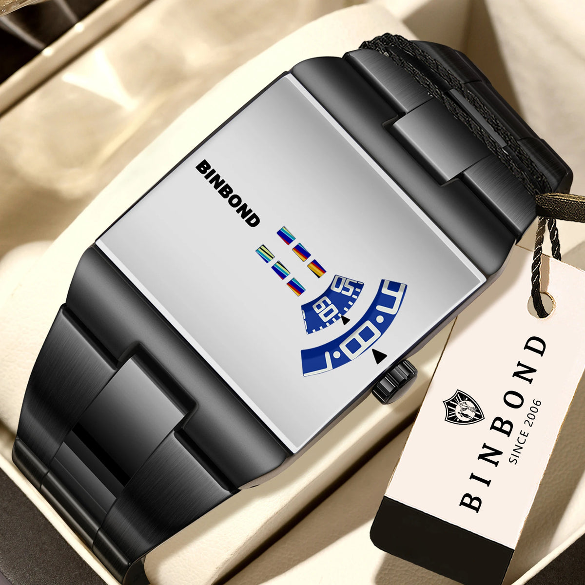 BINBON Luxury Square Quartz Watch – Waterproof Stainless Steel Sport Wristwatch
