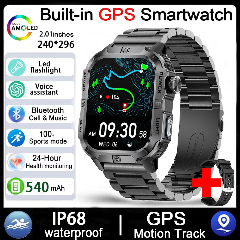 GPS Smartwatch for Men with Bluetooth Calling, LED Flashlight, Compass & IP68 Waterproof