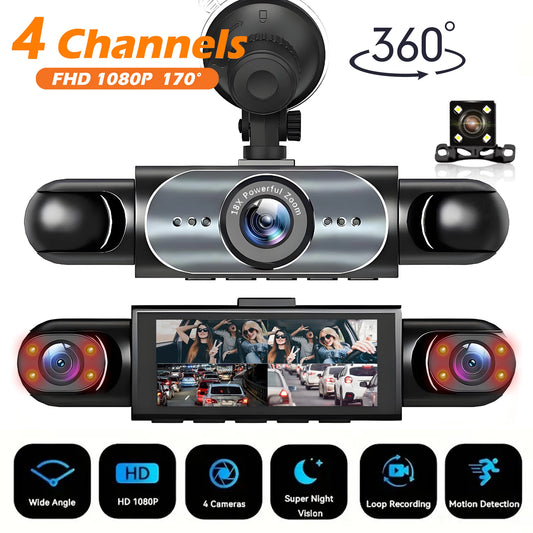 4-Channel 360° FHD Dash Cam with Night Vision, Front Rear Side Recording & 24/7 Parking Monitor