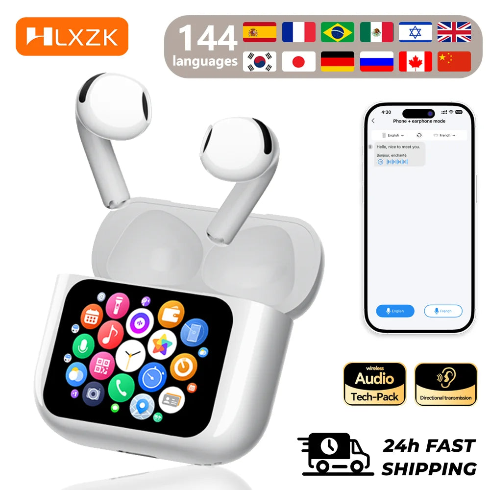 AI Translator Earbuds with Smart Touchscreen Case, 144 Languages, ANC & IPX7