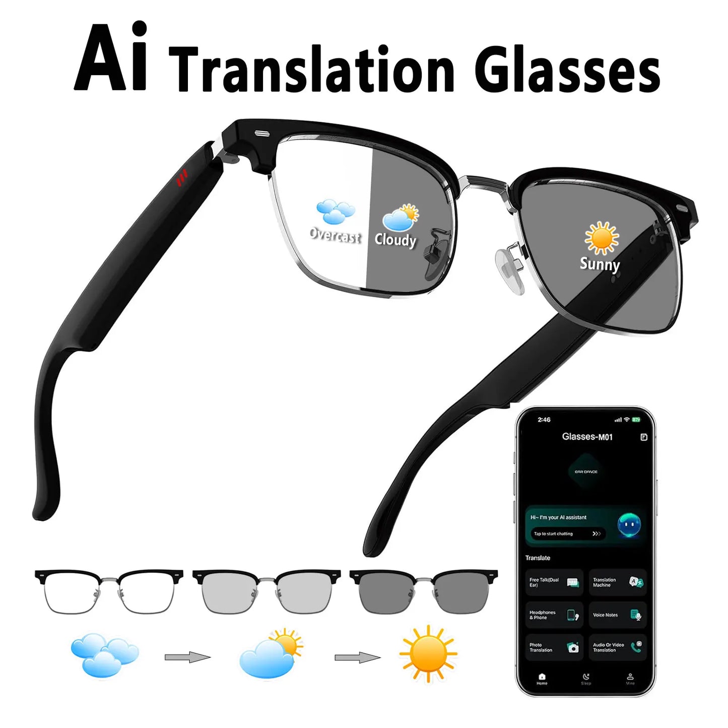Smart Audio Glasses with Real-Time Translation Hi-Fi Music Playback Noise-Cancelling Voice Calls And Photochromic Lenses