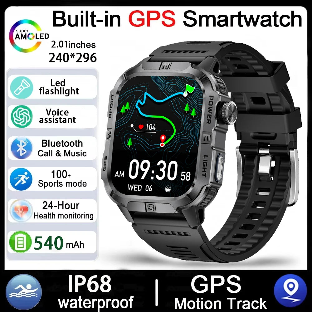 GPS Smartwatch for Men with Bluetooth Calling, LED Flashlight, Compass & IP68 Waterproof