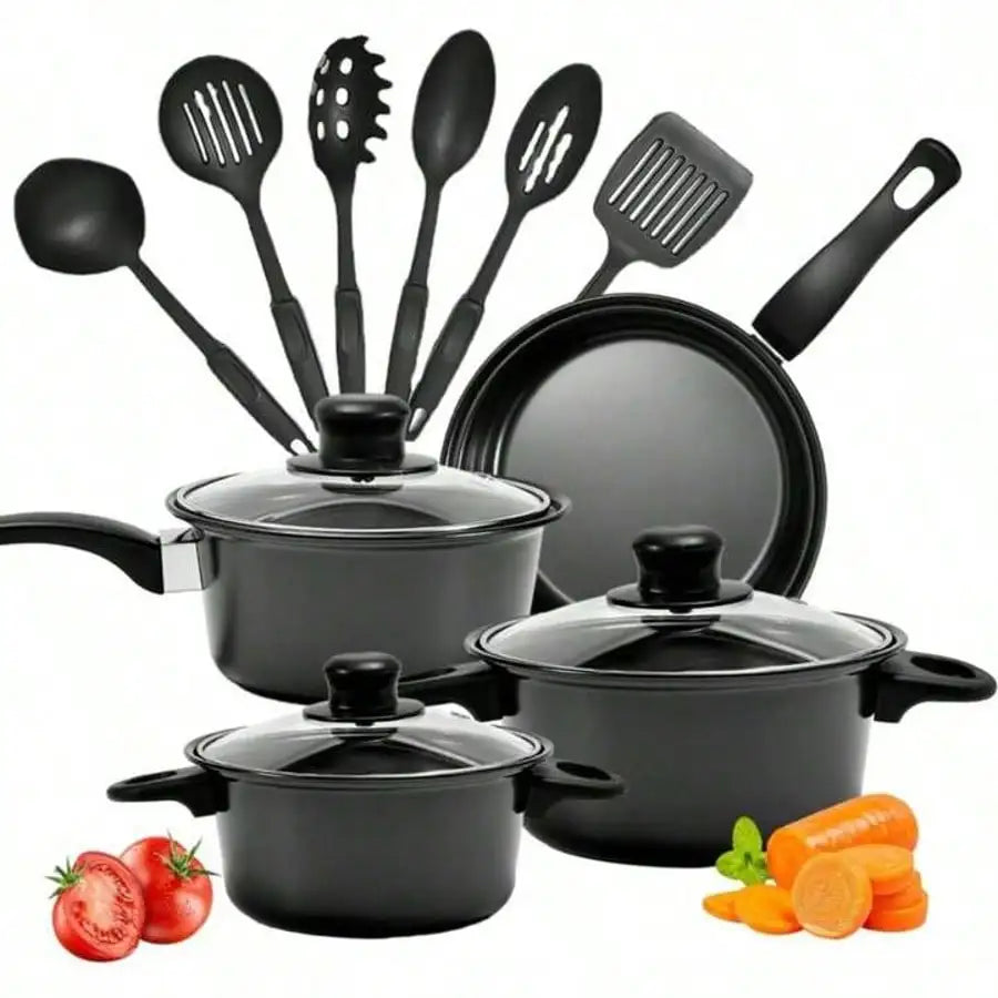 13-Piece Nonstick Cookware Set – Complete Kitchen Pots, Pans & Utensils | Durable, Easy Cooking, Modern Black Design