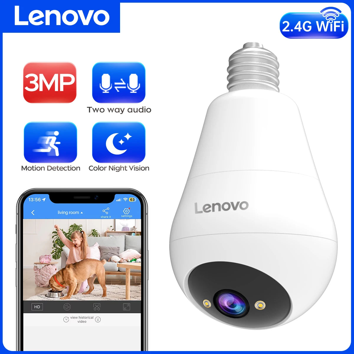 Lenovo 3MP WiFi E27 Bulb Security Camera with Night Vision, Motion Detection & Two-Way Audio