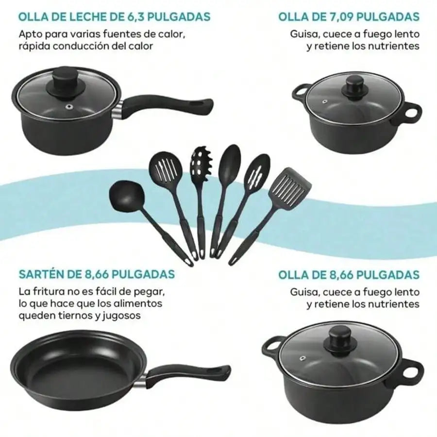 13-Piece Nonstick Cookware Set – Complete Kitchen Pots, Pans & Utensils | Durable, Easy Cooking, Modern Black Design